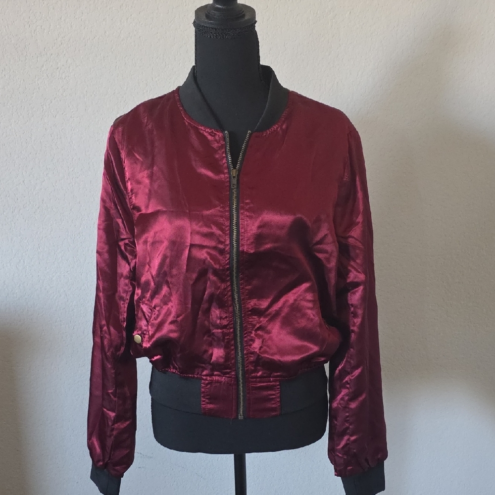 Women's Satin Bomber Jacket - Burgundy